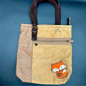 Chala Large Tote Bag Fox Appliqué Canvas Faux Leather Brown Polka Dot Lining